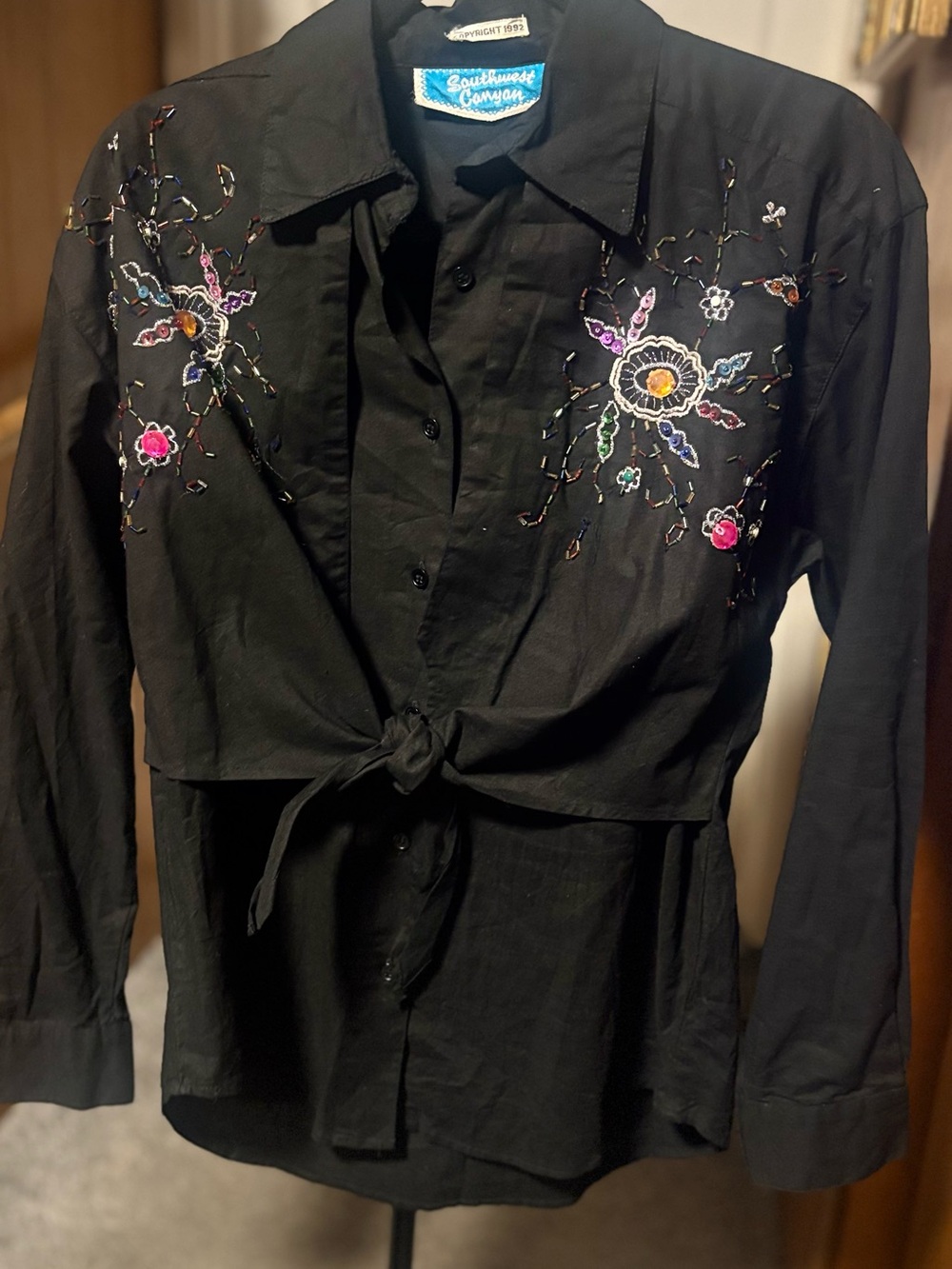 Vtg 1992 Southwest Canyon Embroidered Western Tie Front Shirt Black Boho Sz M